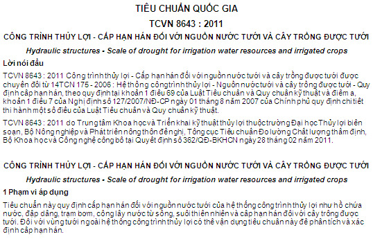 TCVN 8643-2011 - Công Trình Thủy Lợi - Cấp Hạn Hán Đối Với Nguồn Nước Tưới Và Cây Trồng Được Tưới