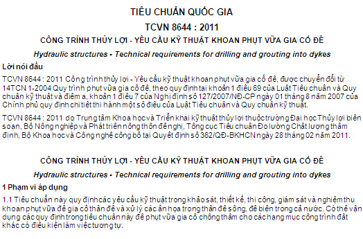 TCVN 8644-2011 - Công Trình Thủy Lợi - Yêu Cầu Kỹ Thuật Khoan Phụt Vữa Gia Cố Đê