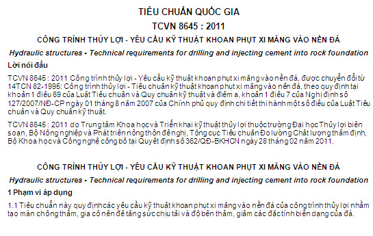 TCVN 8645-2011 - Công Trình Thủy Lợi - Yêu Cầu Kỹ Thuật Khoan Phụt Xi Măng Vào Nền Đá