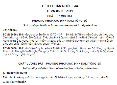 TCVN 8660-2011 - Chất Lượng Đất - Phương Pháp Xác Định Kali Tổng Số