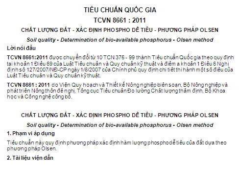 TCVN 8661-2011 - Chất Lượng Đất - Xác Định Phospho Dễ Tiêu - Phương Pháp Olsen