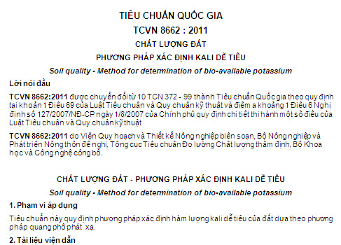 TCVN 8662-2011 - Chất Lượng Đất - Phương Pháp Xác Định Kali Dễ Tiêu