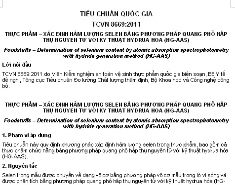 TCVN 8669-2011 - Thực Phẩm - Xác Định Hàm Lượng Selen Bằng Phương Pháp Quang Phổ Hấp Thụ Nguyên Tử