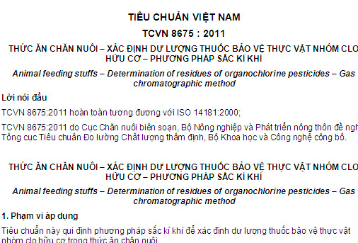 TCVN 8675-2011 - Thức Ăn Chăn Nuôi - Xác Định Dư Lượng Thuốc Bảo Vệ Thực Vật Nhóm Clo Hữu Cơ