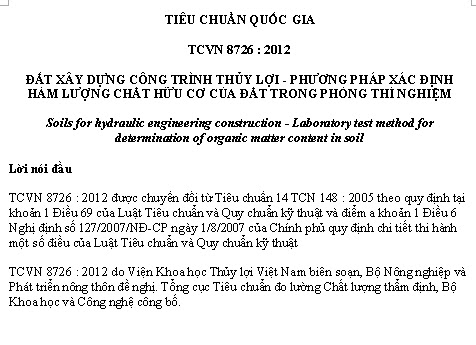 TCVN 8726-2012 - Đất Xây Dựng Công Trình Thủy Lợi - Phương Pháp Xác Định Hàm Lượng Chất Hữu Cơ
