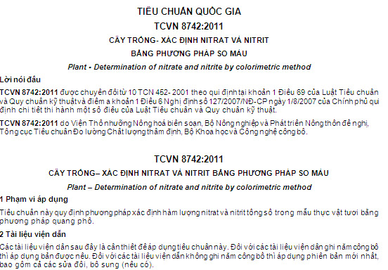 TCVN 8742-2011 - Cây Trồng - Xác Định Nitrat Và Nitrit Bằng Phương Pháp So Màu