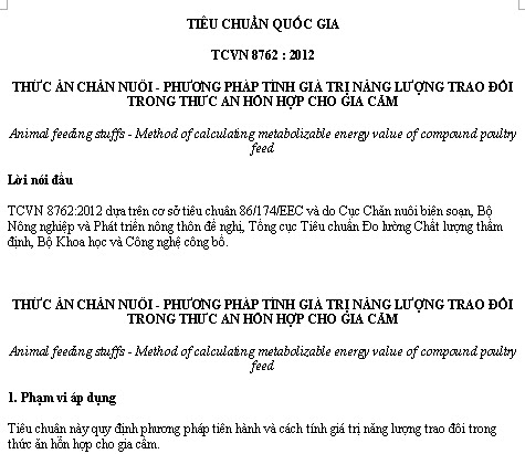 TCVN 8762-2012 - Thức Ăn Chăn Nuôi - Phương Pháp Tính Giá Trị Năng Lượng Trao Đổi
