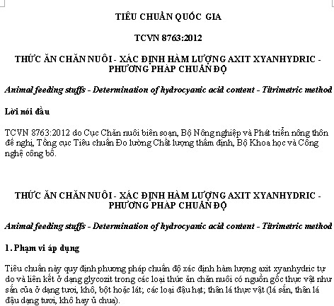 TCVN 8763-2012 - Thức Ăn Chăn Nuôi - Xác Định Hàm Lượng Axit Xyanhydric - Phương Pháp Chuẩn Độ