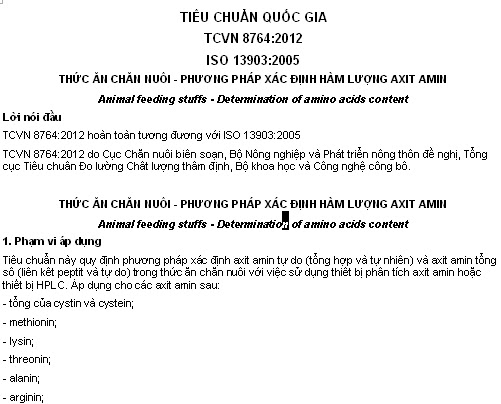 TCVN 8764-2012 - Thức Ăn Chăn Nuôi - Phương Pháp Xác Định Hàm Lượng Axit Amin