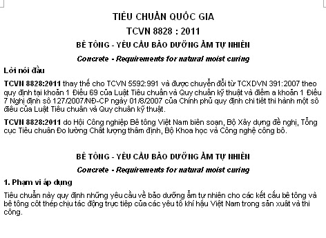 TCVN 8828-2011 - Bê tông - Yêu Cầu Bảo Dưỡng Ẩm Tự Nhiên