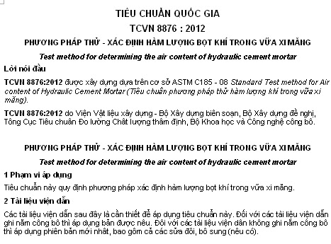 TCVN 8876-2012 - Phương Pháp Thử - Xác Định Hàm Lượng Bọt Khí Trong Vữa Xi Măng
