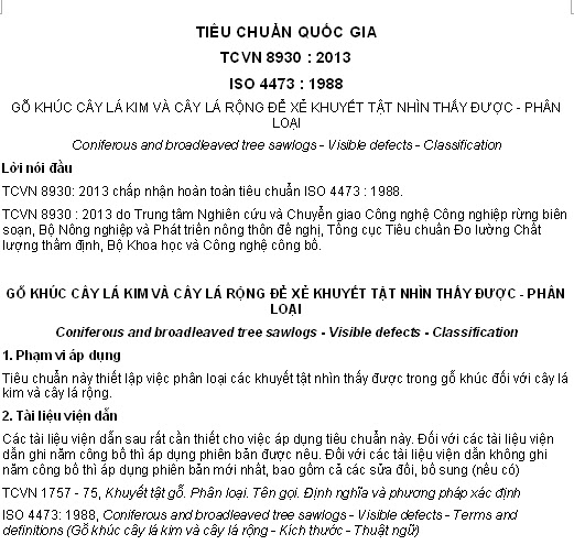 TCVN 8930-2013 - Gỗ Khúc Cây Lá Kim Và Cây Lá Rộng Để Xẻ Khuyết Tật Nhìn Thấy Được - Phân Loại