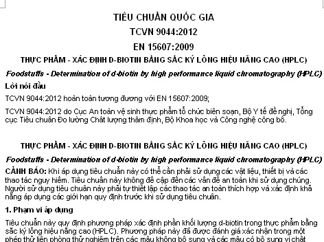 TCVN 9044-2012 - Thực Phẩm - Xác Định D-Bioti Bằng Sắc Kí Lỏng Hiệu Năng Cao (Hplc)