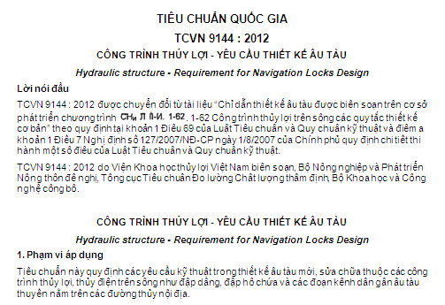 TCVN 9144-2012 - Công Trình Thủy Lợi - Yêu Cầu Thiết Kế Âu Tàu