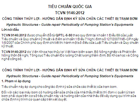 TCVN 9146-2012 - Công Trình Thủy Lợi - Hướng Dẫn Định Kỳ Sửa Chữa Các Thiết Bị Trạm Bơm