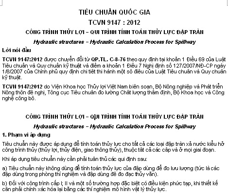 TCVN 9147-2012 - Công Trình Thủy Lợi - Qui Trình Tính Toán Thủy Lực Đập Tràn