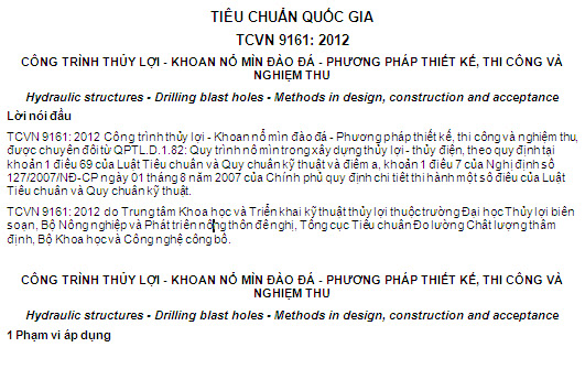 TCVN 9161-2012 - Công Trình Thủy Lợi - Khoan Nổ Mìn Đào Đá - Phương Pháp Thiết Kế Thi Công