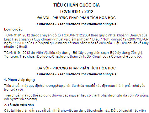 TCVN 9191-2012 - Đá Vôi - Phương Pháp Phân Tích Hóa Học