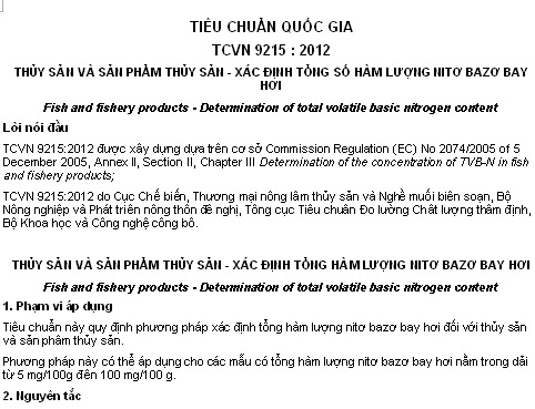 TCVN 9215-2012 - Thủy Sản Và Sản Phẩm Thủy Sản - Xác Định Tổng Số Hàm Lượng Nitơ Bazơ Bay Hơi