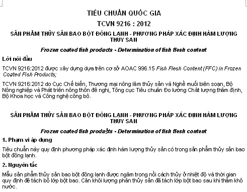 TCVN 9216-2012 - Sản Phẩm Thủy Sản Bao Bột Đông Lạnh - Phương Pháp Xác Định Hàm Lượng Thủy Sản