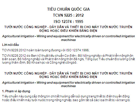TCVN 9225-2012 - Tưới Nước Công Nghiệp - Dây Dẫn Và Thiết Bị Cho Máy Tưới Nước Truyền Động