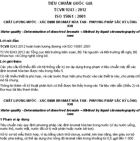 TCVN 9243-2012 - Chất Lượng Nước - Xác Định Bromat Hòa Tan - Phương Pháp Sắc Ký Lỏng Ion