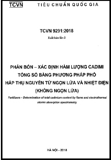 TCVN 9291-2018 - Phân Bón - Xác Định Hàm Lượng Cadimi Tổng Số Bằng Phương Pháp Phổ Hấp Thụ Nguyên Tử