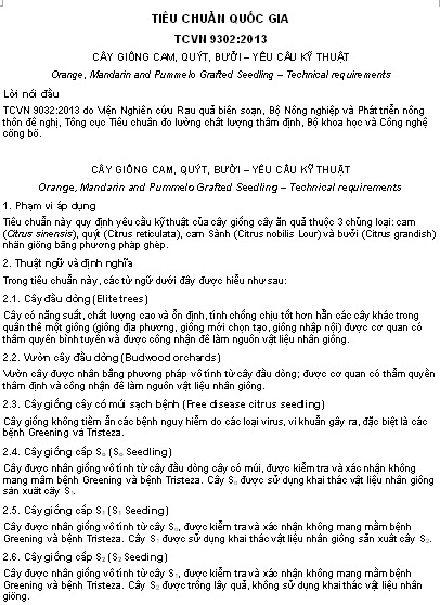 TCVN 9302-2013 - Cây Giống Cam Quýt Bưởi - Yêu Cầu Kỹ Thuật