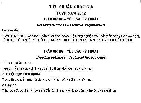 TCVN 9370-2012 - Trâu Giống - Yêu Cầu Kỹ Thuật