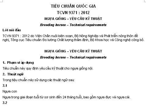 TCVN 9371-2012 - Ngựa Giống - Yêu Cầu Kỹ Thuật
