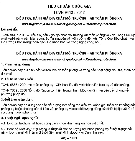TCVN 9413-2012 - Điều Tra Đánh Giá Địa Chất Môi Trường - An Toàn Phóng Xạ