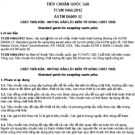 TCVN 9466-2012 - Chất Thải Rắn - Hướng Dẫn Lấy Mẫu Từ Đống Chất Thải
