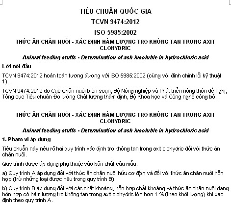 TCVN 9474-2012 - Thức Ăn Chăn Nuôi - Xác Định Hàm Lượng Tro Không Tan Trong Axit Clohydric