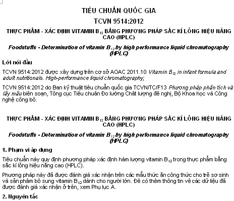 TCVN 9514-2012 - Thực Phẩm - Xác Định Vitamin B12 Bằng Phương Pháp Sắc Kí Lỏng Hiệu Năng Cao (HPLC)