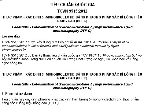 TCVN 9515-2012 - Thực Phẩm - Xác Định 5'-Mononucleotid Bằng Phương Pháp Sắc Kí Lỏng Hiệu Năng Cao