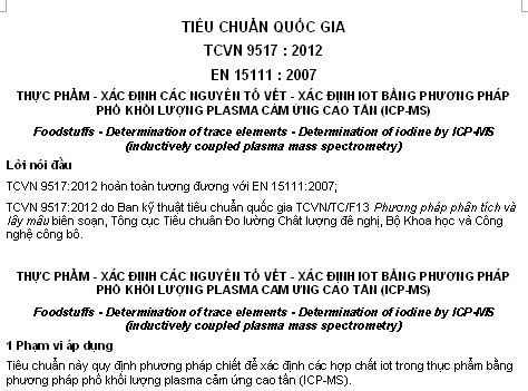 TCVN 9517-2012 - Thực Phẩm - Xác Định Các Nguyên Tố Vết - Xác Định Iot