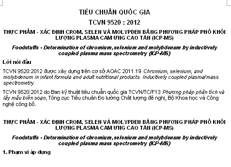 TCVN 9520-2012 - Thực Phẩm - Xác Định Crom Selen Và Molypden Bằng Phương Pháp Phố Khối Lượng Plasma