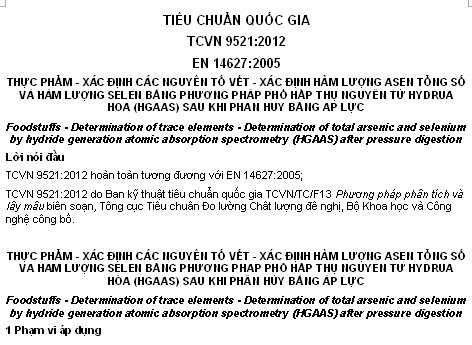 TCVN 9521-2012 - Thực Phẩm - Xác Định Các Nguyên Tố Vết - Xác Định Hàm Lượng Asen Tổng Số