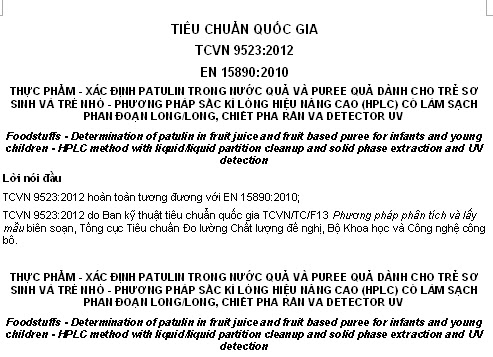 TCVN 9523-2012 - Thực Phẩm - Xác Định Patulin Trong Nước Quả Và Puree Quả Dành Cho Trẻ Sơ Sinh