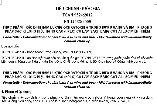 TCVN 9524-2012 - Thực Phẩm - Xác Định Hàm Lượng Ochratoxin A Trong Rượu Vang Và Bia