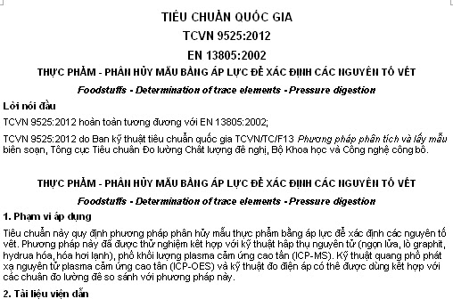 TCVN 9525-2012 - Thực Phẩm - Phân Hủy Mẫu Bằng Áp Lực Để Xác Định Các Nguyên Tố Vết