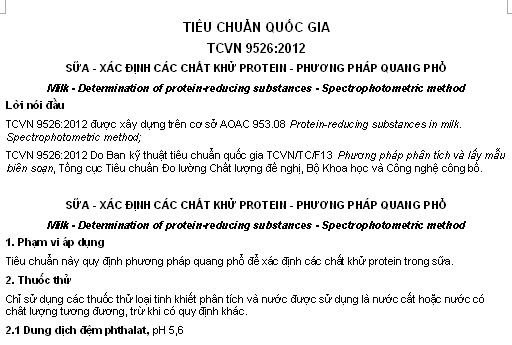 TCVN 9526-2012 - Sữa - Xác Định Các Chất Khử Protein - Phương Pháp Quang Phổ