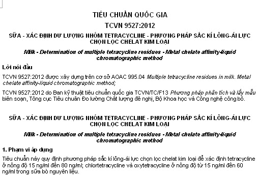 TCVN 9527-2012 - Sữa - Xác Dịnh Dư Lượng Nhóm Tetracycline
