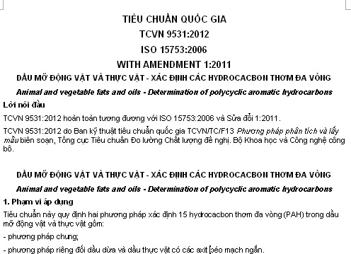 TCVN 9531-2012 - Dầu Mỡ Động Vật Và Thực Vật - Xác Định Các Hydrocacbon Thơm Đa Vòng