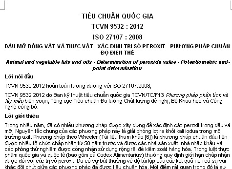 TCVN 9532-2012 - Dầu Mỡ Động Vật Và Thực Vật - Xác Định Trị Số Peroxit