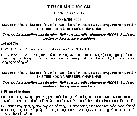 TCVN 9583-2012 - Máy Kéo Nông Lâm Nghiệp - Kết Cấu Bảo Vệ Phòng Lật (Rops)