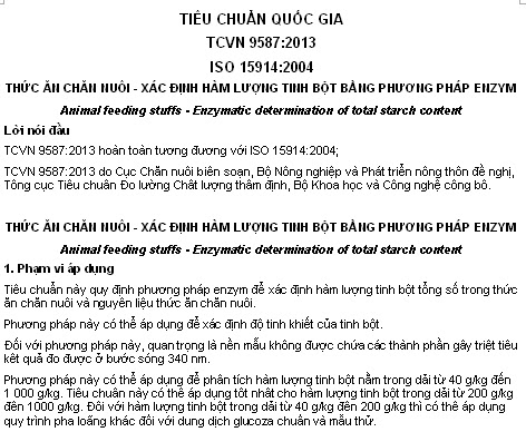 TCVN 9587-2013 - Thức Ăn Chăn Nuôi - Xác Định Hàm Lượng Tinh Bột Bằng Phương Pháp Enzym