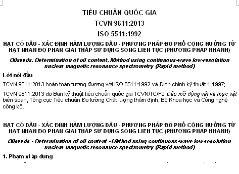TCVN 9611-2013 - Hạt Có Dầu - Xác Định Hàm Lượng Dầu - Phương Pháp Đo Phổ Cộng Hưởng Từ Hạt Nhân