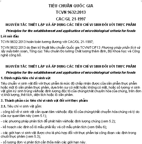 TCVN 9632-2013 - Nguyên Tắc Thiết Lập Và Áp Dụng Các Tiêu Chí Vi Sinh Đối Với Thực Phẩm