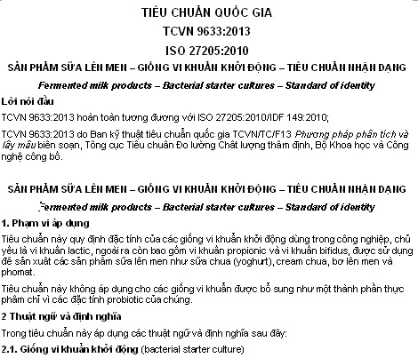 TCVN 9633-2013 - Sản Phẩm Sữa Lên Men - Giống Vi Khuẩn Khởi Động - Tiêu Chuẩn Nhận Dạng